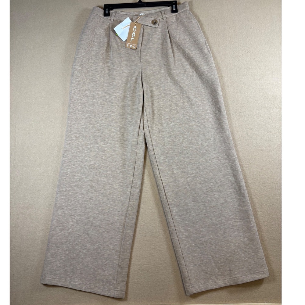 OGL Move Women Beige Wide Leg Pleated High Waist Pants Silk Merino Wool Blend L